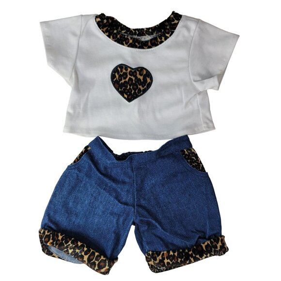 Build a Bear Bundle White Brown Leopard Heart Top Matching Jeans Clothes 2pc Lot - Picture 1 of 6